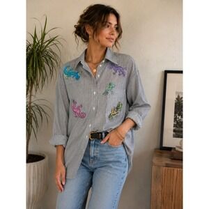 Tia Designs Gecko Embroidered Striped Button Down Shirt S Made USA 90s